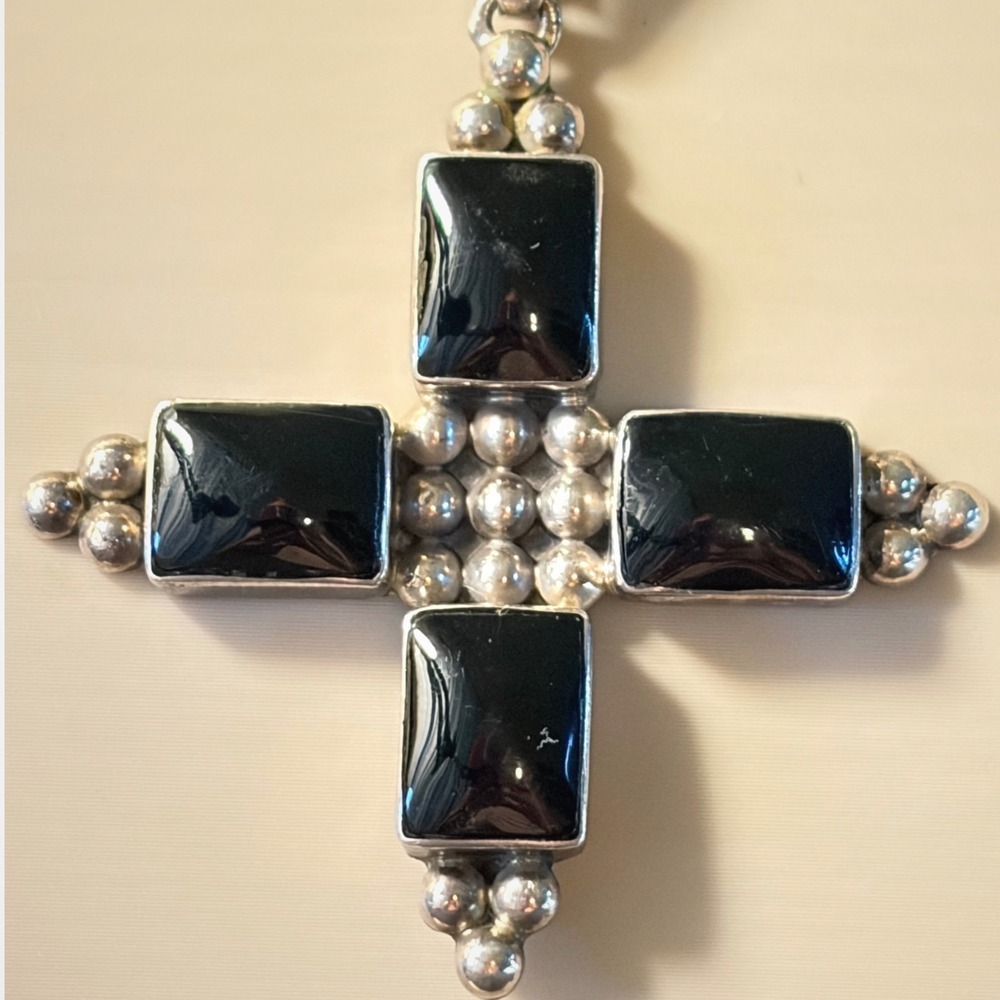 Vintage Sterling Silver Onyx Cross Pendant Multi Strand Liquid Silver Necklace